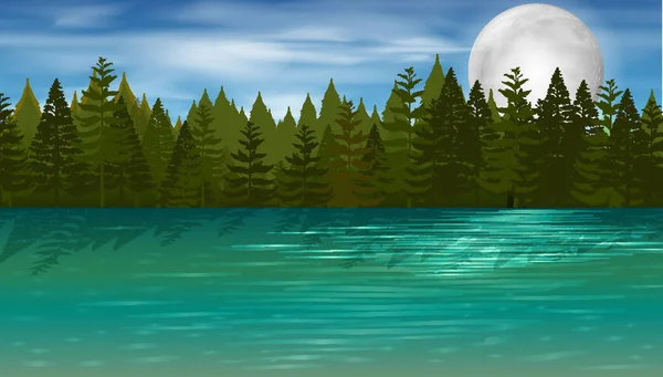 Escena de fondo con pinos junto al lago — Vector de stock