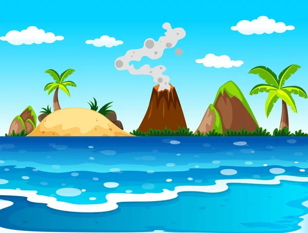 Cena do oceano com vulcão e ilha — Vetor de Stock