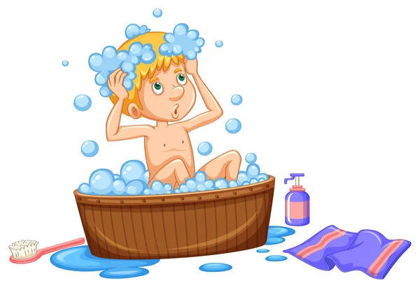 Niño tomando baño en bañera marrón — Vector de stock