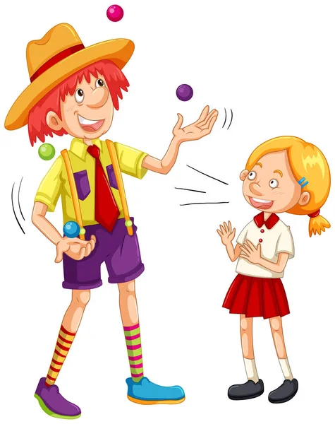 Chica y payaso malabarismo bolas — Vector de stock