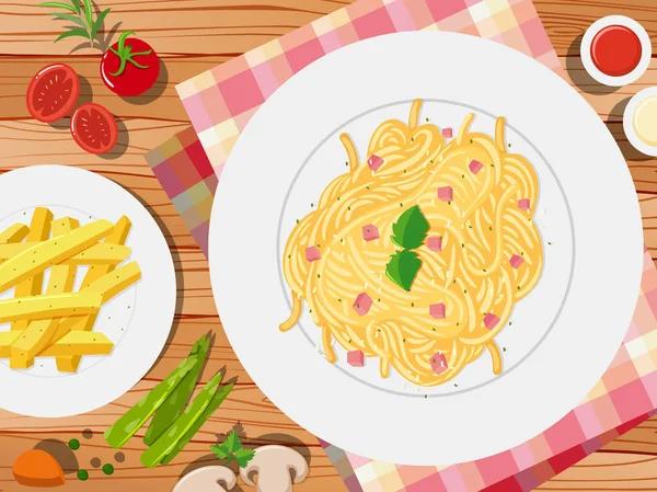 Spagetti och frenchfries på bordet — Stock vektor