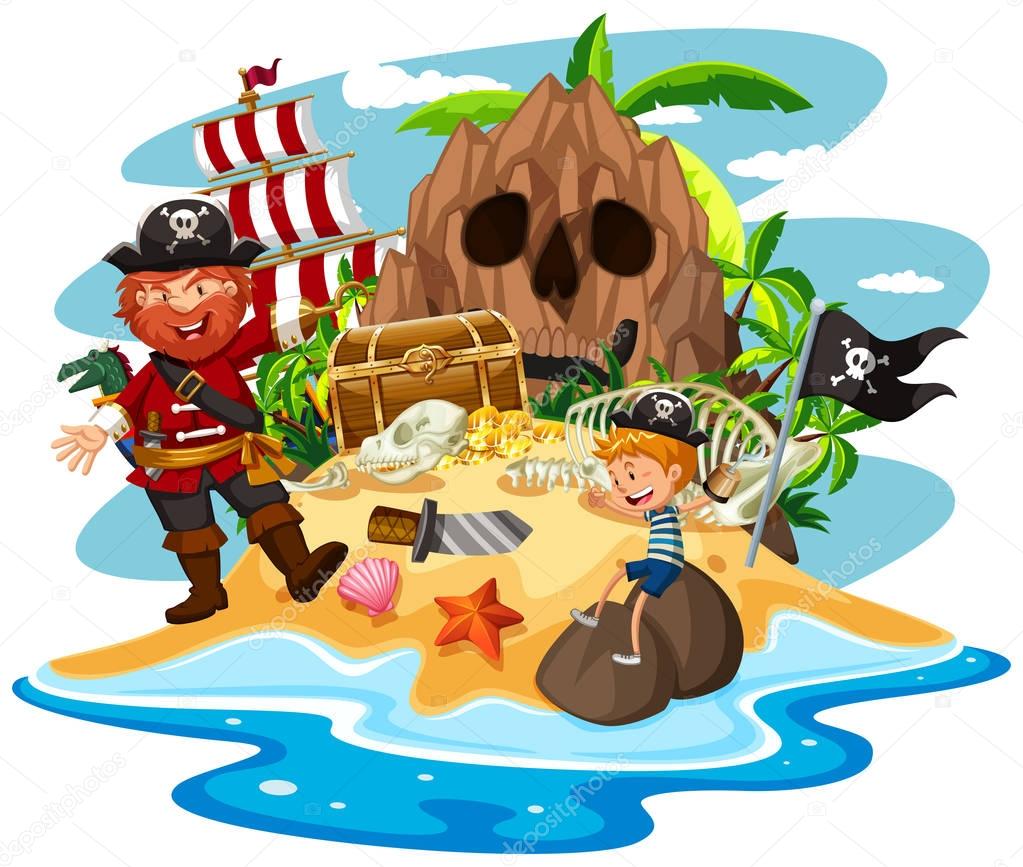 Pirate and little boy on treasure island