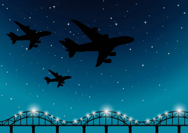 Background scene with airplanes flying at night