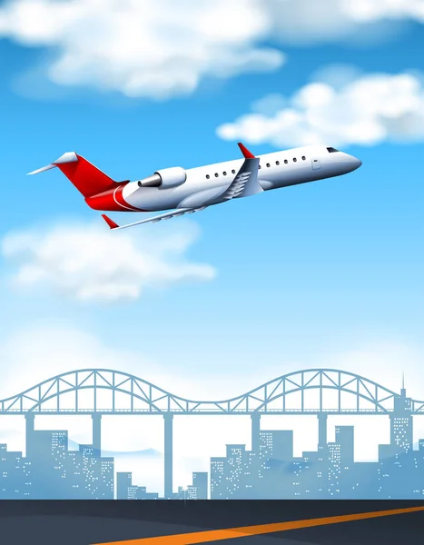 昼間の都市上空を飛行する飛行機 — ストックベクタ