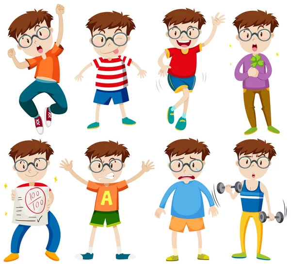 Boy with glasses in different actions — Stock Vector