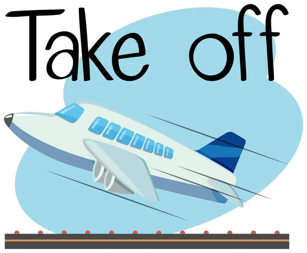 Wordcard pour décoller avec avion décollant — Image vectorielle