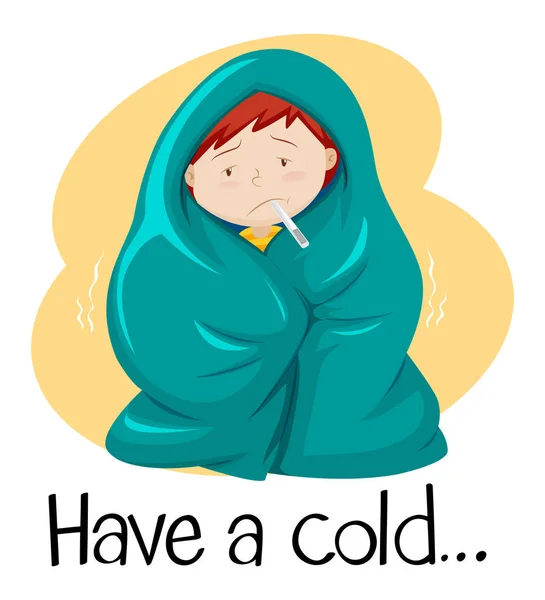 Wort für Erkältung mit Kind in Decke — Stockvektor