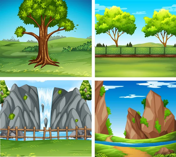 Négy háttér jelenetek a fák és a vízesés — Stock Vector