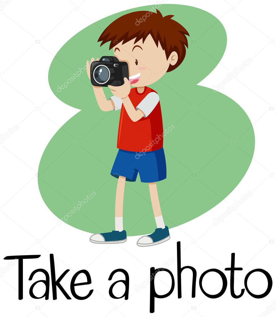 Wordcard for take a photo with boy taking photo with camera