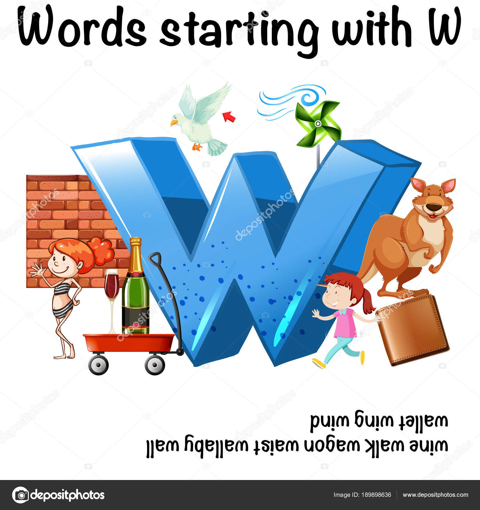 English Worksheet For Words Starting With W Stock Vector