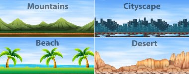 Four background scenes of different places clipart