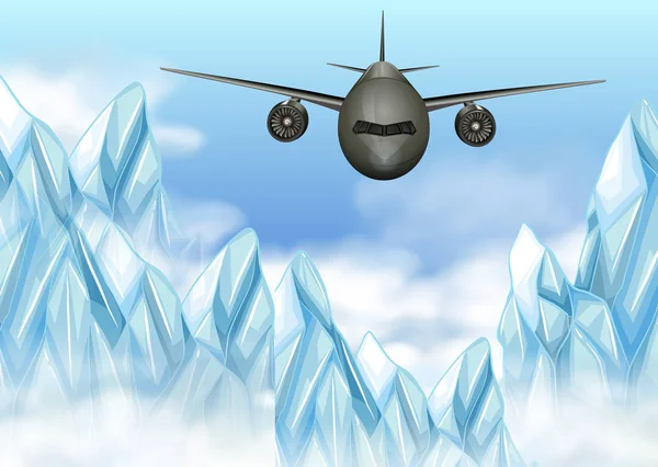 Самолет пролетает над ледяными горами — стоковый вектор