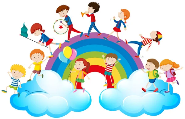 Niños tocando música sobre el arco iris — Vector de stock