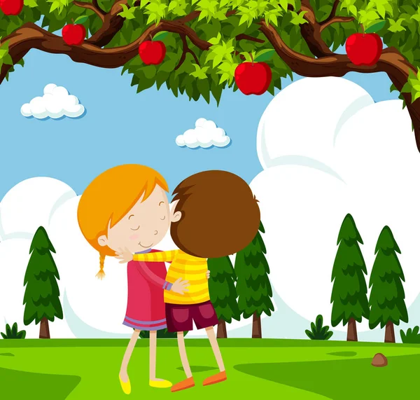 เด็กชายและเด็กผู้หญิงกอดกันใต้ต้นแอปเปิ้ล — ภาพเวกเตอร์สต็อก