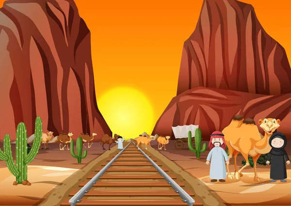 Camels and arab people crossing the railroad at sunset