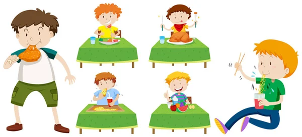 Niños comiendo diferentes alimentos en las mesas — Vector de stock