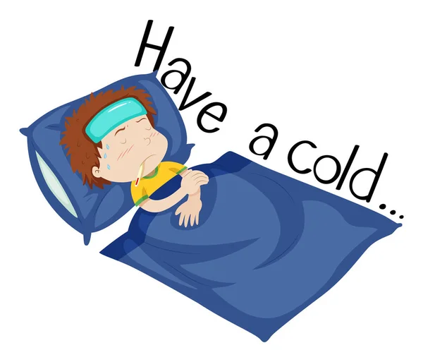 Wortkarte für eine Erkältung mit einem Jungen, der krank im Bett liegt — Stockvektor