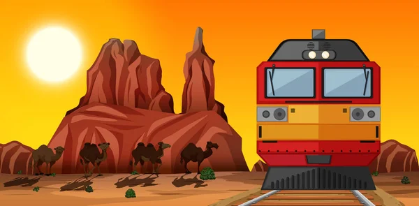 Поездка на поезде по пустыне на закате — стоковый вектор
