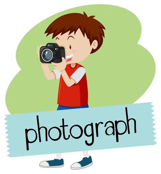 Wordcard para fotografia com menino tirando foto com câmera —  Vetores de Stock