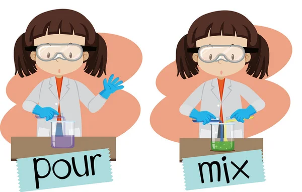 Palabras verter y mezclar con chica haciendo experimento — Vector de stock