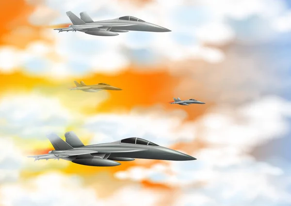 Чотири бойові реактивні літаки в помаранчевому небі — стоковий вектор