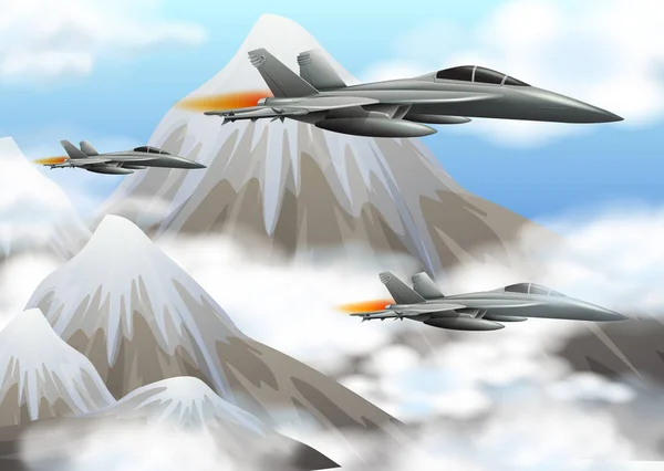 Tre aerei a reazione che sorvolano le montagne — Vettoriale Stock