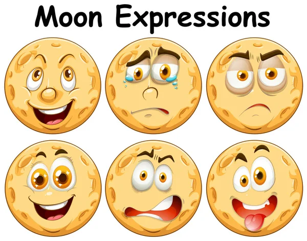 Sex olika Moon ansiktsuttryck — Stock vektor