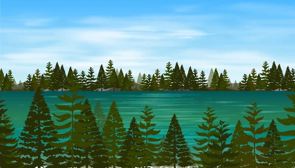 Achtergrond scène met dennenbos aan het meer — Stockvector