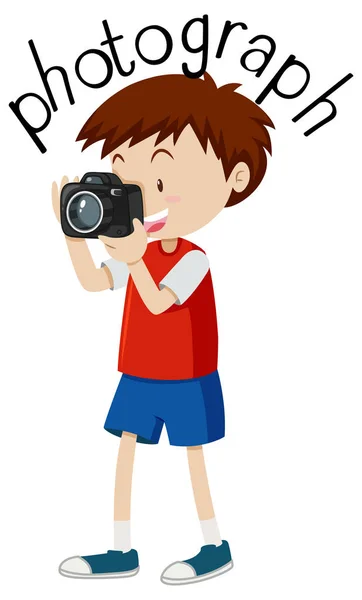 Flashcard for word photograph with boy taking picture — Stock Vector