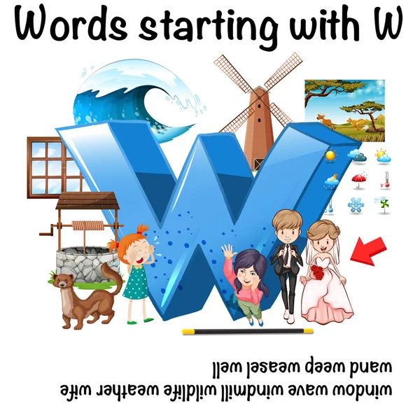 Palavra em inglês começando com W ilustração — Vetor de Stock