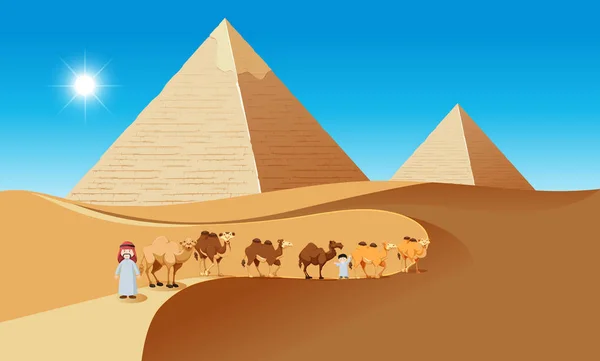 Scène de désert avec des chameaux et des gens — Image vectorielle