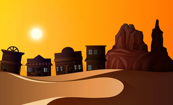 Escena del desierto con muchos edificios al atardecer — Vector de stock