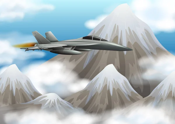 Боевой самолёт пролетает над горой — стоковый вектор