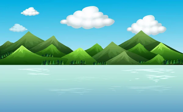 Escena de fondo con montañas y lago — Vector de stock