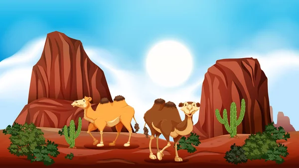 Felsenberg in der Wüste und Kamele — Stockvektor