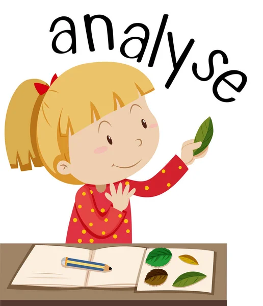 Flashcard for word analyse with girl looking at leaves