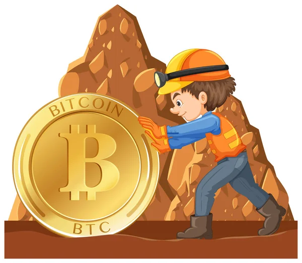 A Worker Mining Cyber Coin — Stock Vector