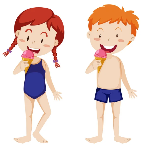 在白色背景下吃冰淇淋的孩子们 — 图库矢量图片