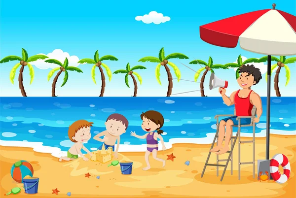 Un bagnino si prende cura dei bambini in spiaggia — Vettoriale Stock
