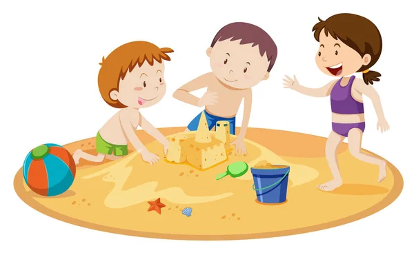 Kids Building Sand Castle on White Background — Stock Vector