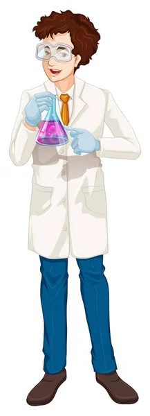 Un joven científico sosteniendo un vaso de precipitados — Vector de stock