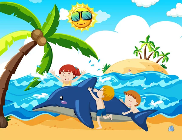 Τα παιδιά και φουσκωτό Δελφίνι στην παραλία — Διανυσματικό Αρχείο
