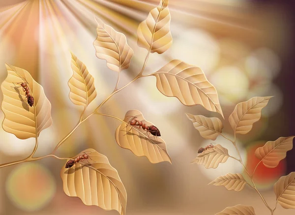 마른 잎과 자연 배경에서 개미 — 스톡 벡터