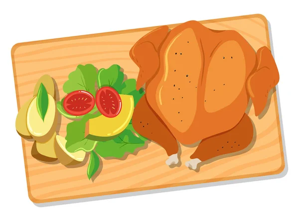 Poulet rôti et salade sur planche de bois — Image vectorielle