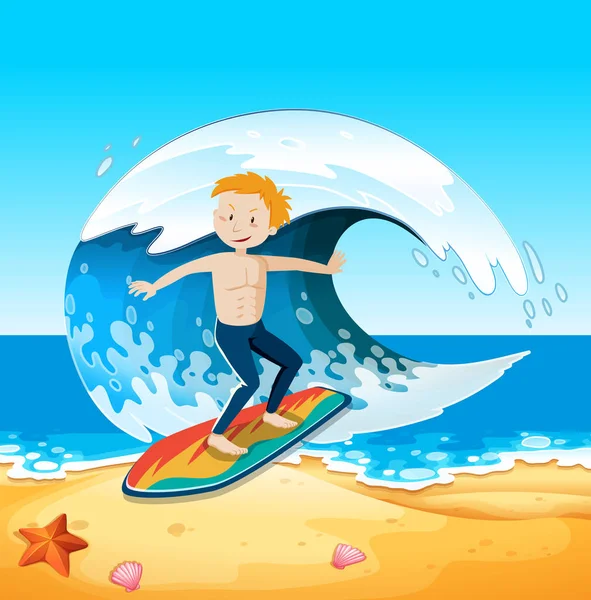 Een jonge Surfer op strand scène — Stockvector