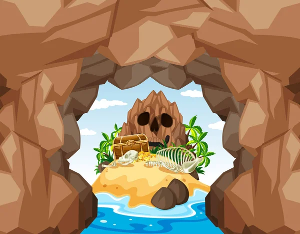 Misterio Pirata Tesoro Isla y Cueva — Vector de stock