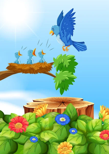 Vögel im Nest am Baum — Stockvektor