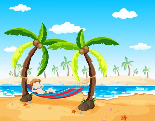 Un niño relajándose bajo la palmera — Vector de stock