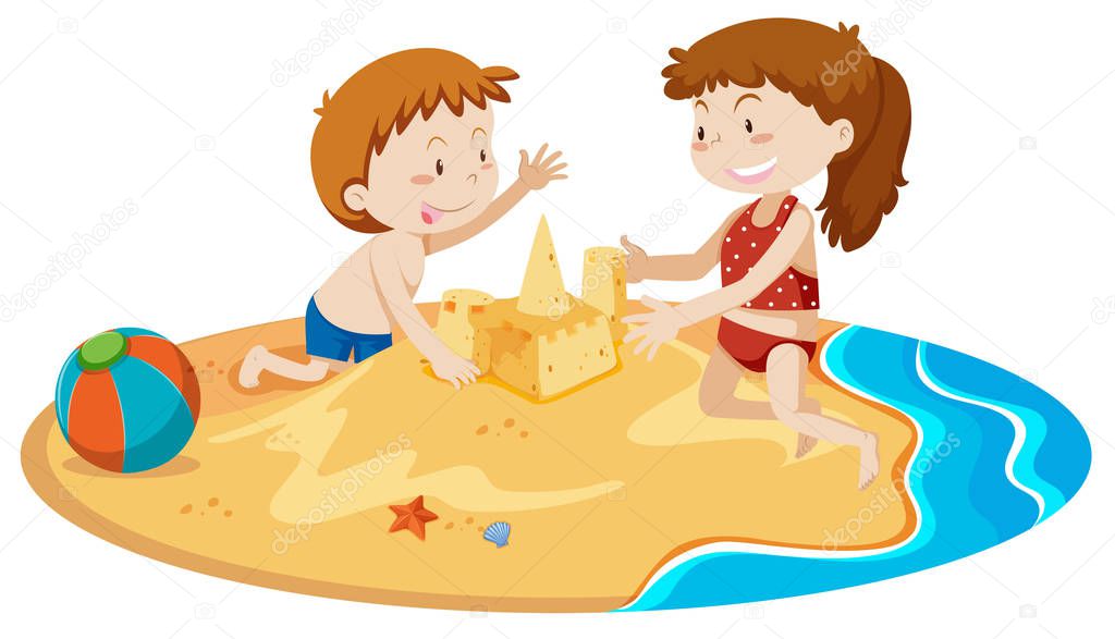 Boy and Girl Building Sand Castle