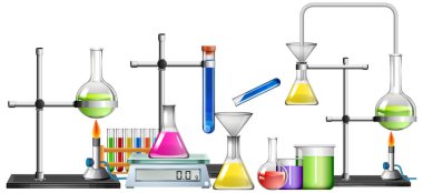 Beyaz arkaplanda bir dizi bilim ekipmanı